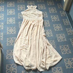 Elegant Lace Halter Maxi Dress in Cream. Perfect for prom. Lace bodice!